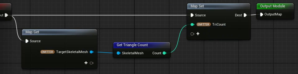 Scratch PadのGet_Tri_Count。Map GetでTargetSkeletalMeshを取得し、Get Triangle CountのCountをMap SetでTriCountに書き込んでいるグラフ