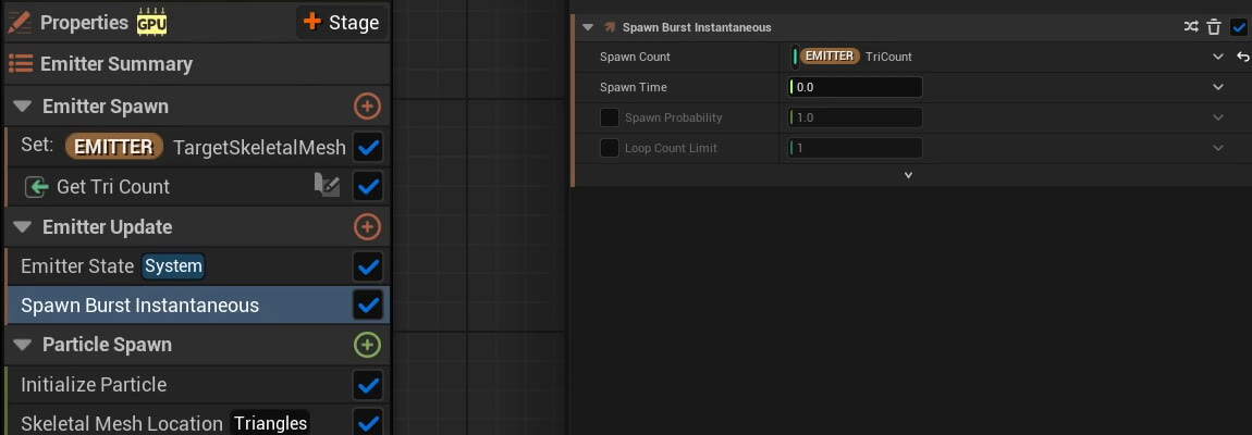 GPUエミッターのスタックと、Spawn Burst InstantaneousのSpawn CountにEMITTER TriCountを設定した詳細パネル