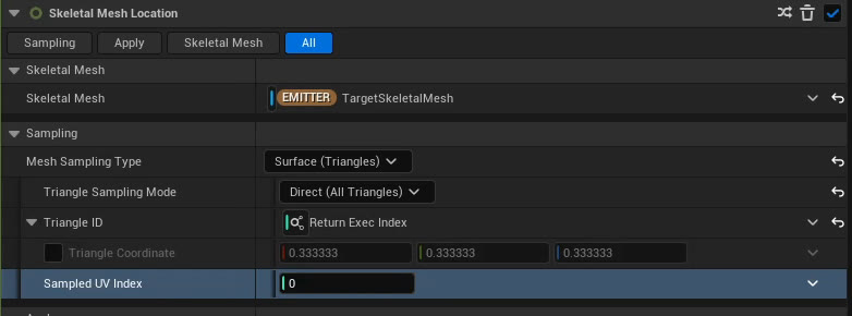 Skeletal Mesh LocationモジュールでTriangle Sampling ModeをDirect (All Triangles)にし、Triangle IDにReturn Exec Index（Execution Index）を入れた詳細パネル