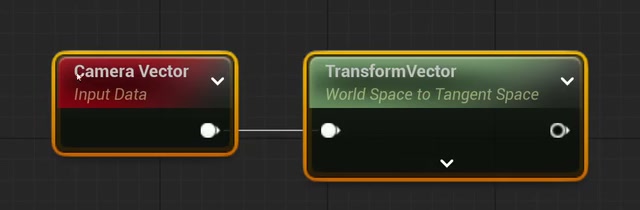 Camera VectorノードをTransformVectorノード（World Space to Tangent Space）に繋いだ状態