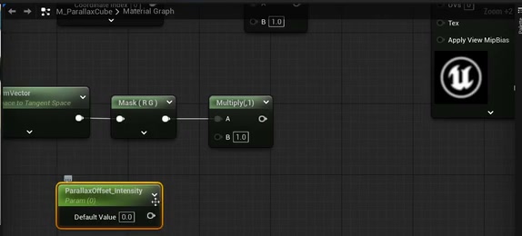 TransformVectorからMask（R G）ノード、Multiplyノードへ繋ぎ、深さ用のパラメータParallaxOffset_Intensityを用意した状態