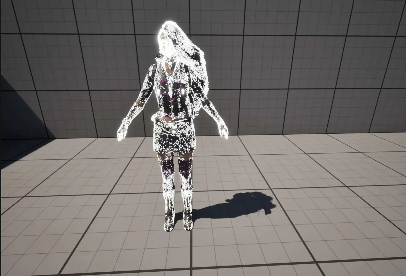 Skeletal Mesh Locationでキャラクターの表面からパーティクルを発生させた状態。髪や手の輪郭に粒が集まり、胴体は粒がまばらになっている