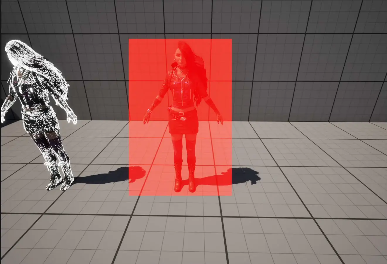 キャラクターが画面上に映っている範囲を、赤い半透明の四角形で表示したところ