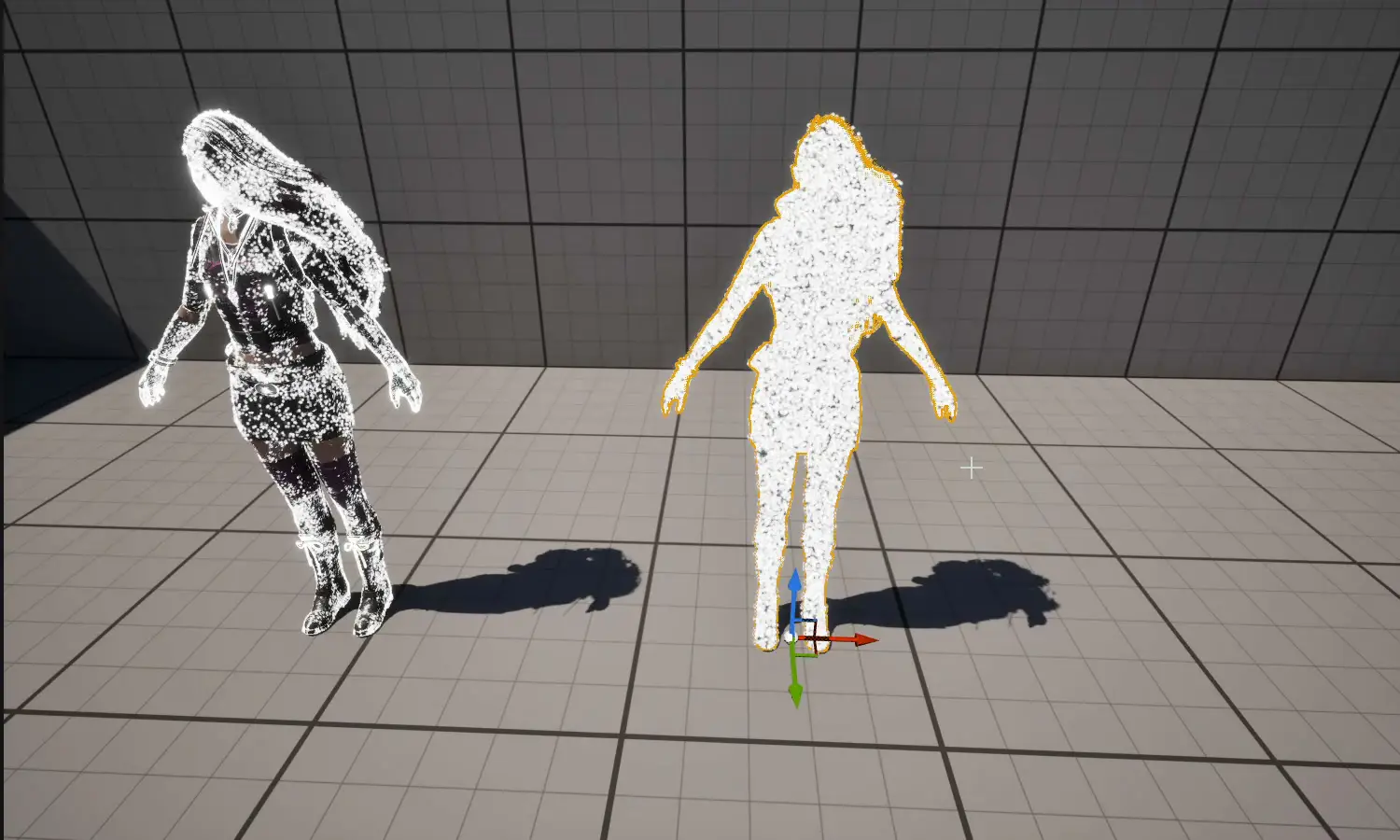左はSkeletal Mesh Locationのパーティクル、右はステンシルでキャラクターの形に切り抜いたパーティクル。右は粒が均一に詰まっている